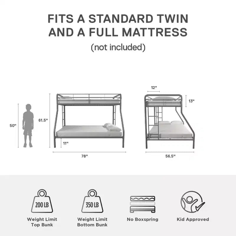 DHP Dusty Bunk Bed with Metal Frame and Ladder