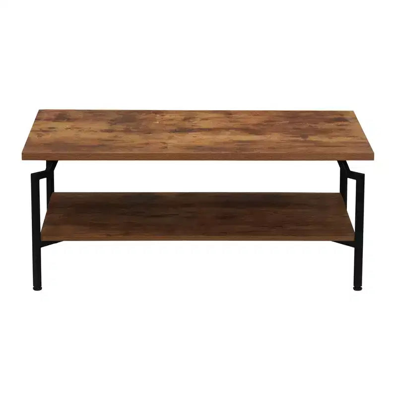Crown Rectangular Coffee Table with Storage Shelf Rustic Hickory Wood Grain and Black Metal