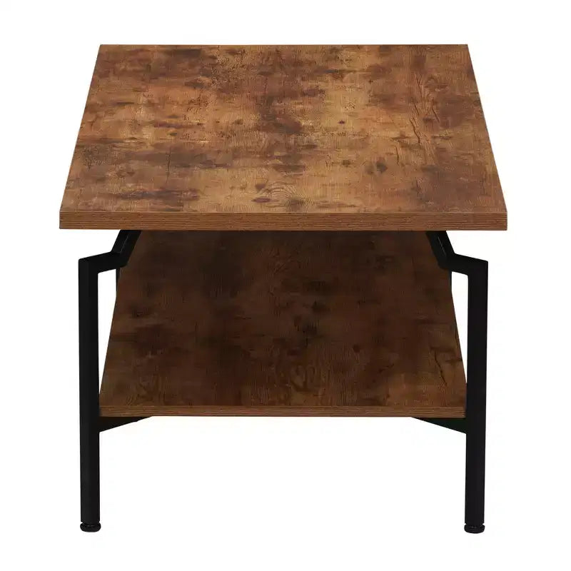 Crown Rectangular Coffee Table with Storage Shelf Rustic Hickory Wood Grain and Black Metal