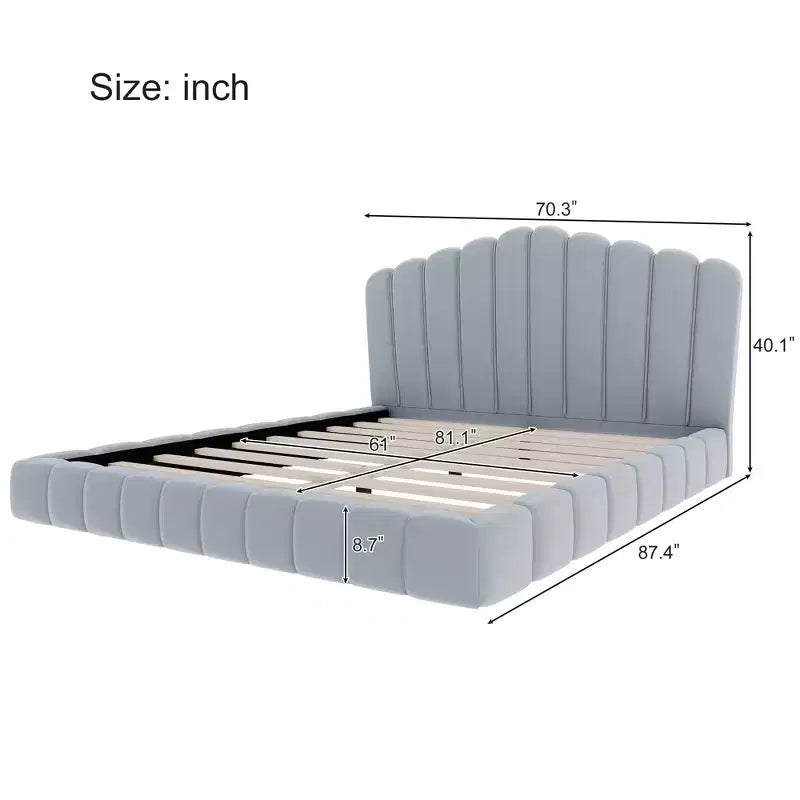 Queen Size Velvet Upholstered Bed Frame Floor Bed with Shell-Shaped Headboard for Bedroom - ModernLuxe