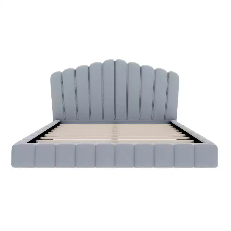 Queen Size Velvet Upholstered Bed Frame Floor Bed with Shell-Shaped Headboard for Bedroom - ModernLuxe