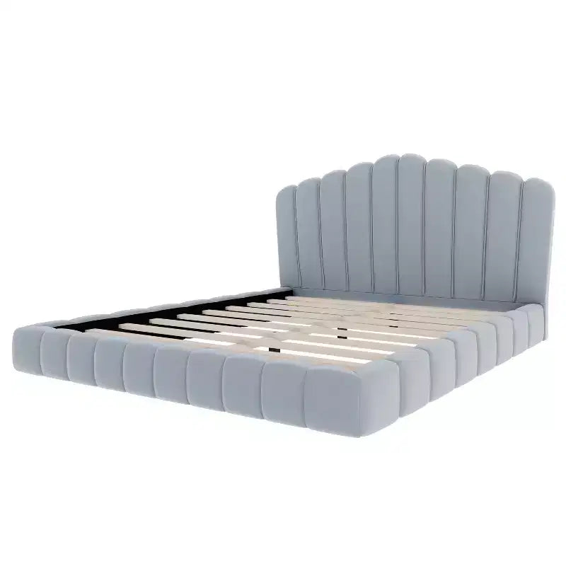 Queen Size Velvet Upholstered Bed Frame Floor Bed with Shell-Shaped Headboard for Bedroom - ModernLuxe