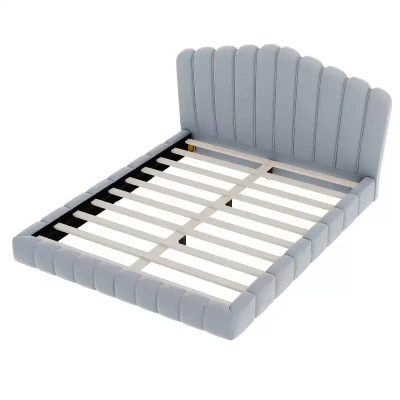 Queen Size Velvet Upholstered Bed Frame Floor Bed with Shell-Shaped Headboard for Bedroom - ModernLuxe