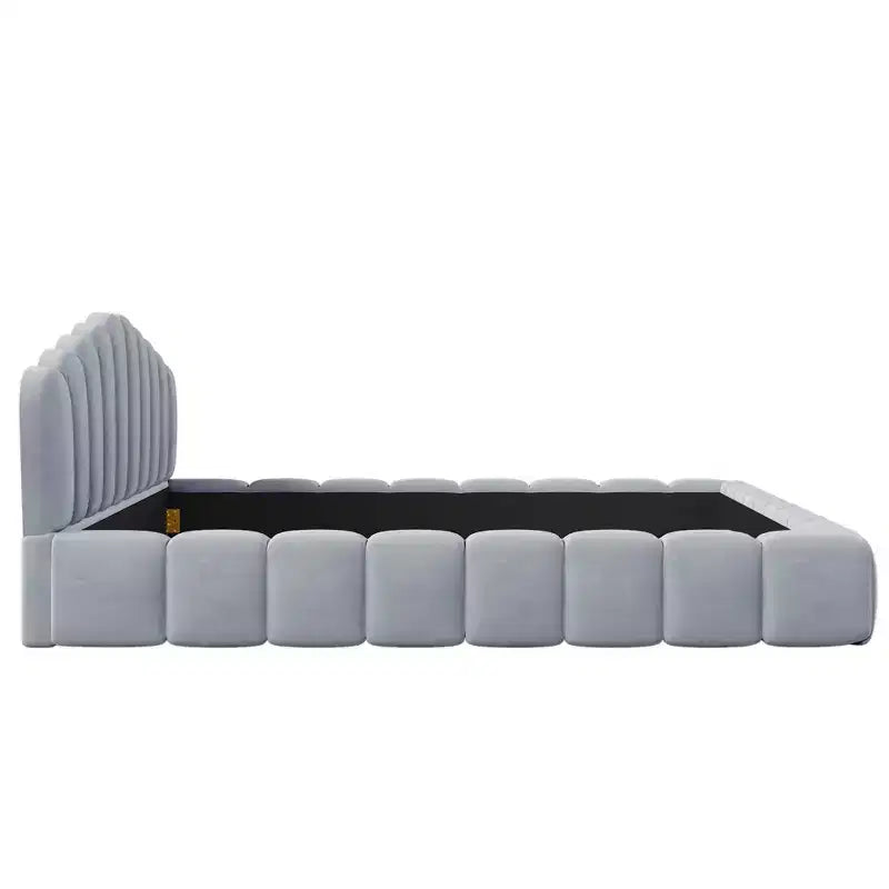 Queen Size Velvet Upholstered Bed Frame Floor Bed with Shell-Shaped Headboard for Bedroom - ModernLuxe