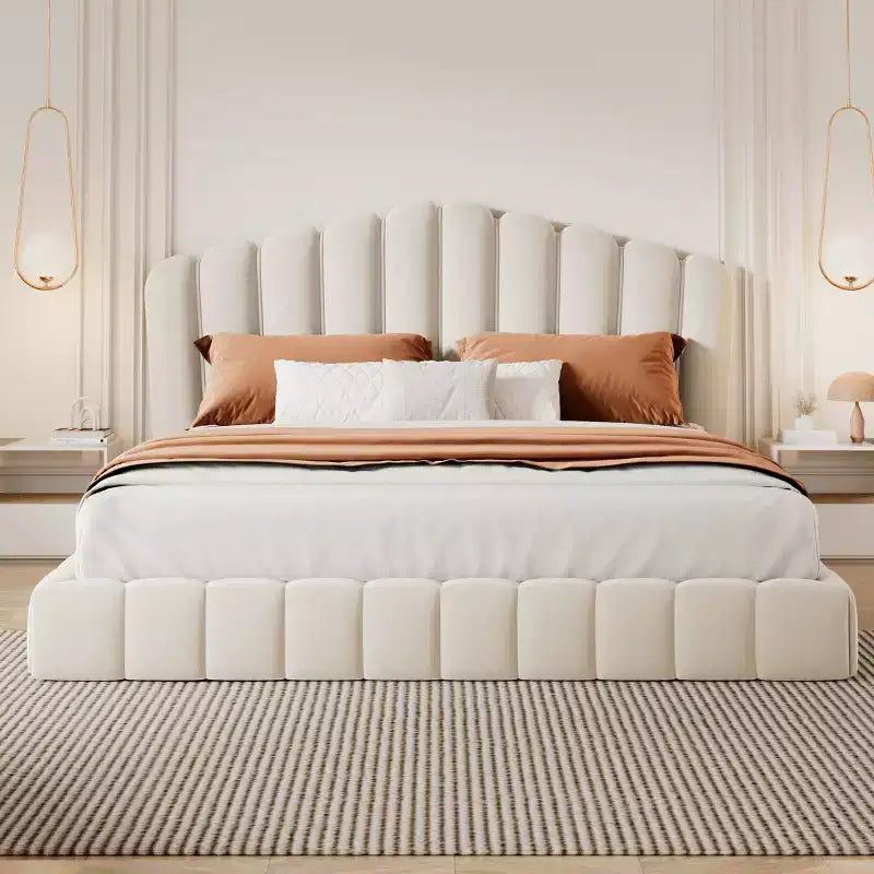 Queen Size Velvet Upholstered Bed Frame Floor Bed with Shell-Shaped Headboard for Bedroom - ModernLuxe