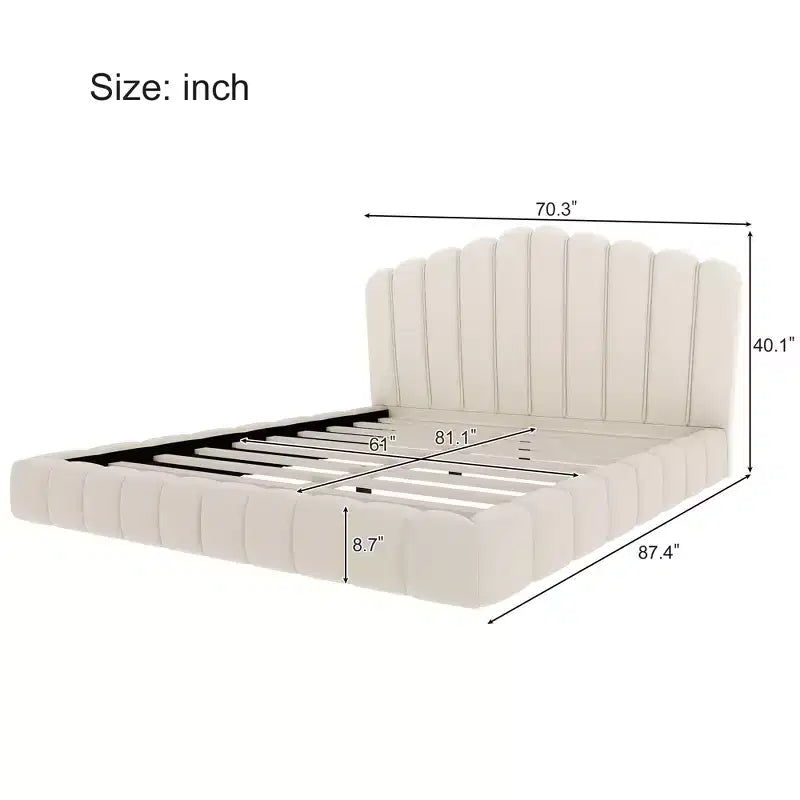 Queen Size Velvet Upholstered Bed Frame Floor Bed with Shell-Shaped Headboard for Bedroom - ModernLuxe