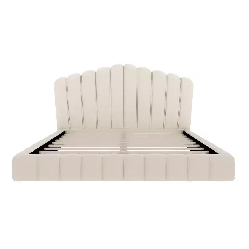 Queen Size Velvet Upholstered Bed Frame Floor Bed with Shell-Shaped Headboard for Bedroom - ModernLuxe