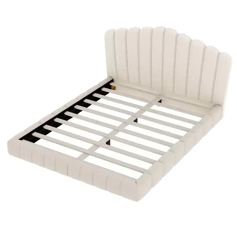 Queen Size Velvet Upholstered Bed Frame Floor Bed with Shell-Shaped Headboard for Bedroom - ModernLuxe