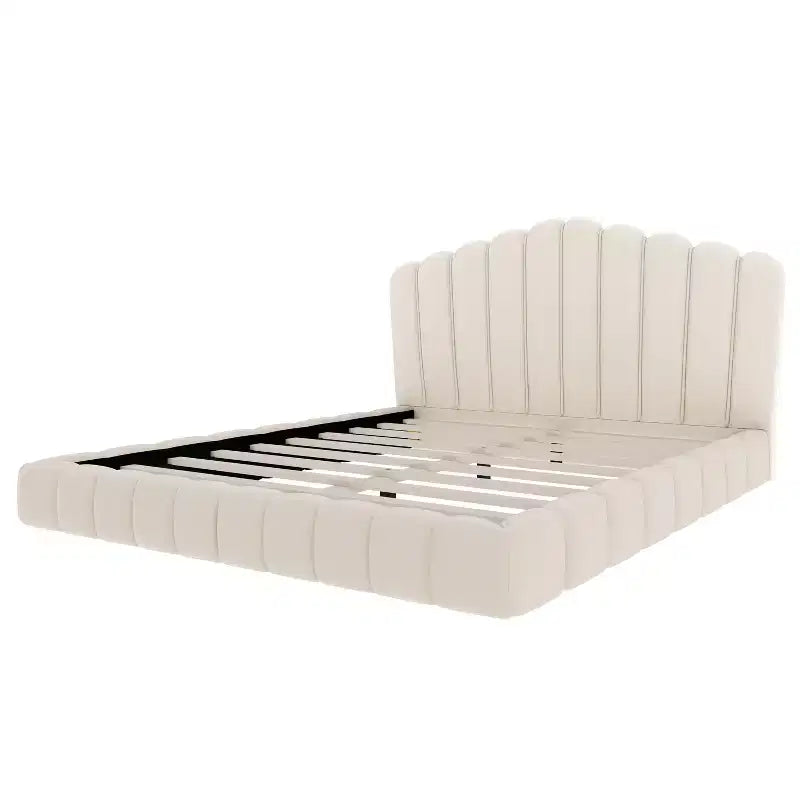 Queen Size Velvet Upholstered Bed Frame Floor Bed with Shell-Shaped Headboard for Bedroom - ModernLuxe