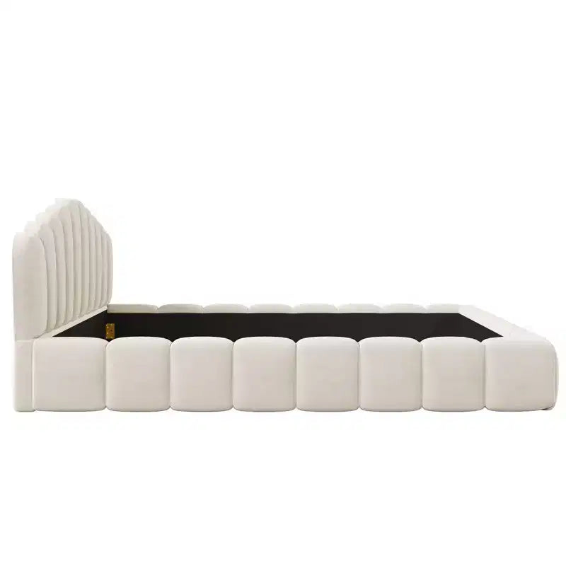 Queen Size Velvet Upholstered Bed Frame Floor Bed with Shell-Shaped Headboard for Bedroom - ModernLuxe