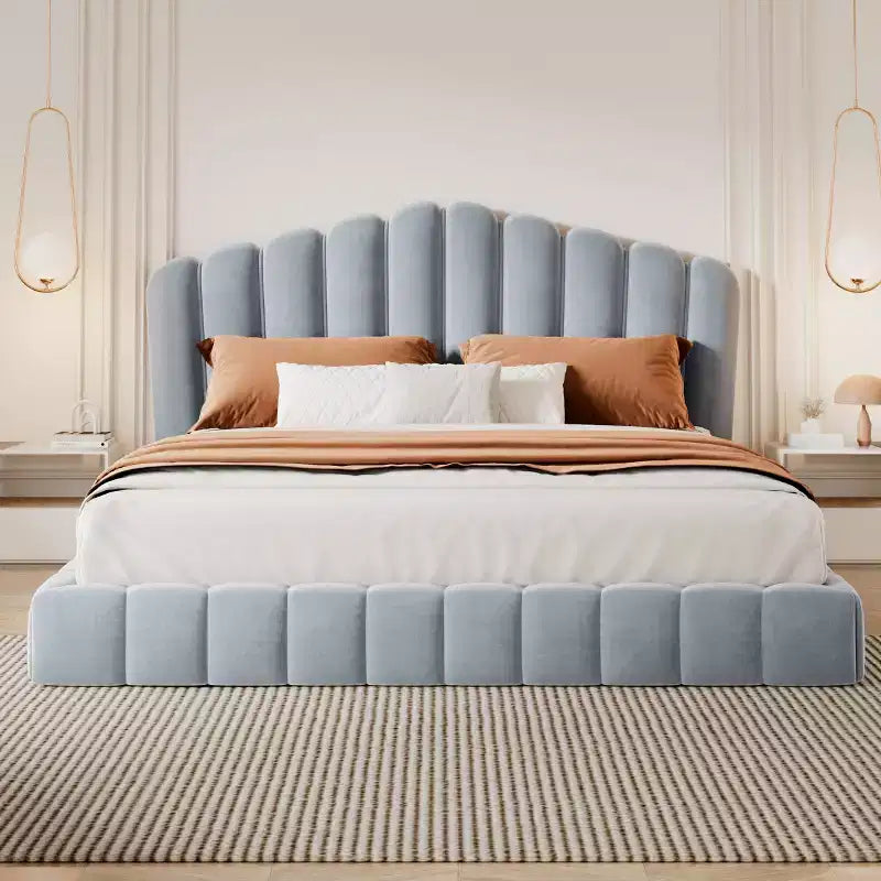 Queen Size Velvet Upholstered Bed Frame Floor Bed with Shell-Shaped Headboard for Bedroom - ModernLuxe