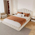 Queen Size Velvet Upholstered Bed Frame Floor Bed with Shell-Shaped Headboard for Bedroom - ModernLuxe