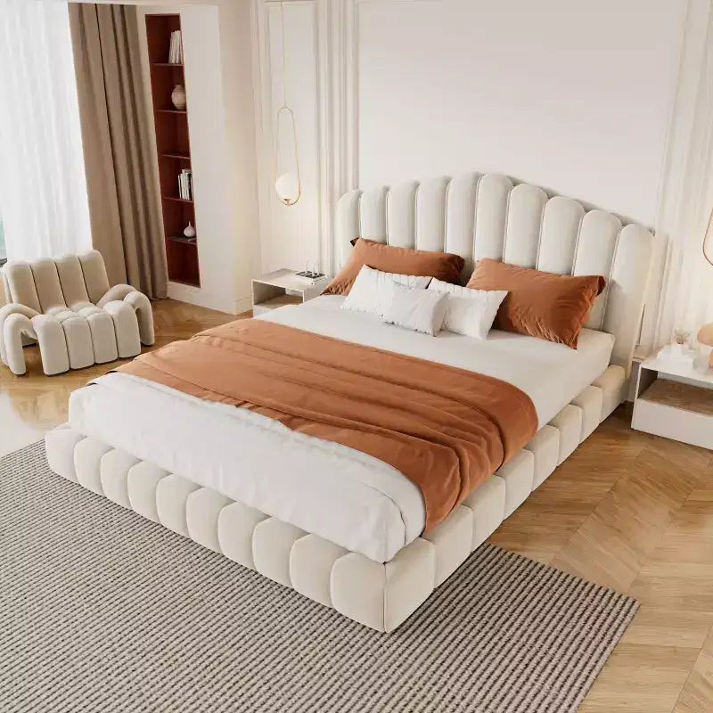 Queen Size Velvet Upholstered Bed Frame Floor Bed with Shell-Shaped Headboard for Bedroom - ModernLuxe