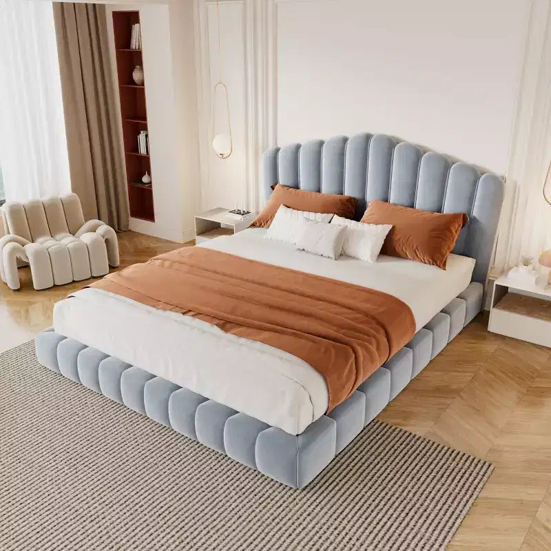 Queen Size Velvet Upholstered Bed Frame Floor Bed with Shell-Shaped Headboard for Bedroom - ModernLuxe