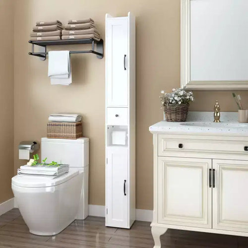 MAYEERTY 67.5 Tall Bathroom Storage Cabinet, Freestanding 2-Door Cabinet with Adjustable Shelves & Detachable Tissue Holder for Small Spaces Bathroom