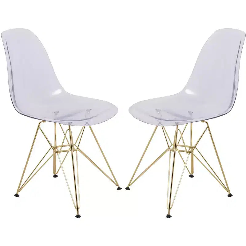 LeisureMod Cresco Modern Acrylic Dining Chairs (Set of 2) Eiffel Gold Chrome Base, Stylish Accent Chairs for Contemporary Dining Rooms & Kitchens
