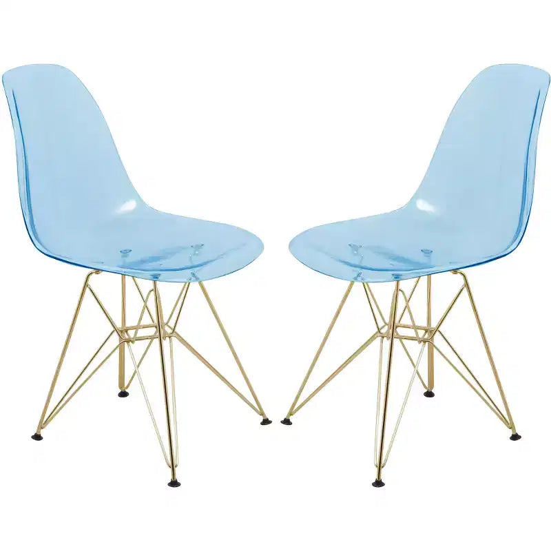LeisureMod Cresco Modern Acrylic Dining Chairs (Set of 2) Eiffel Gold Chrome Base, Stylish Accent Chairs for Contemporary Dining Rooms & Kitchens