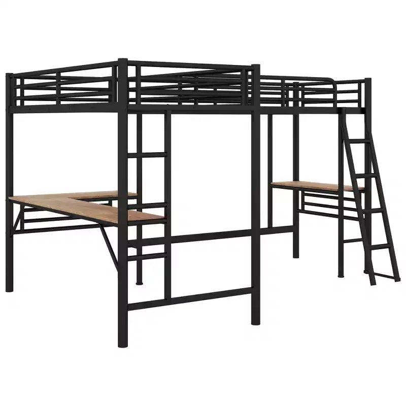 Whisen 117.9''L x 77.9''W x 68.1''H Twin Size Metal Loft Bed with 2 Built-in Desks and 2 Ladders - Black