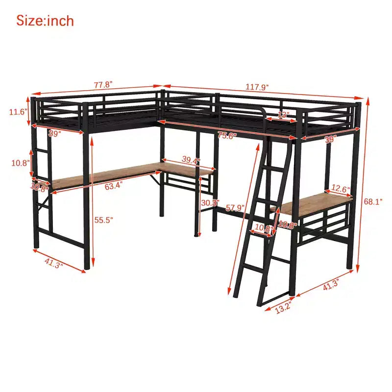 Whisen 117.9''L x 77.9''W x 68.1''H Twin Size Metal Loft Bed with 2 Built-in Desks and 2 Ladders - Black