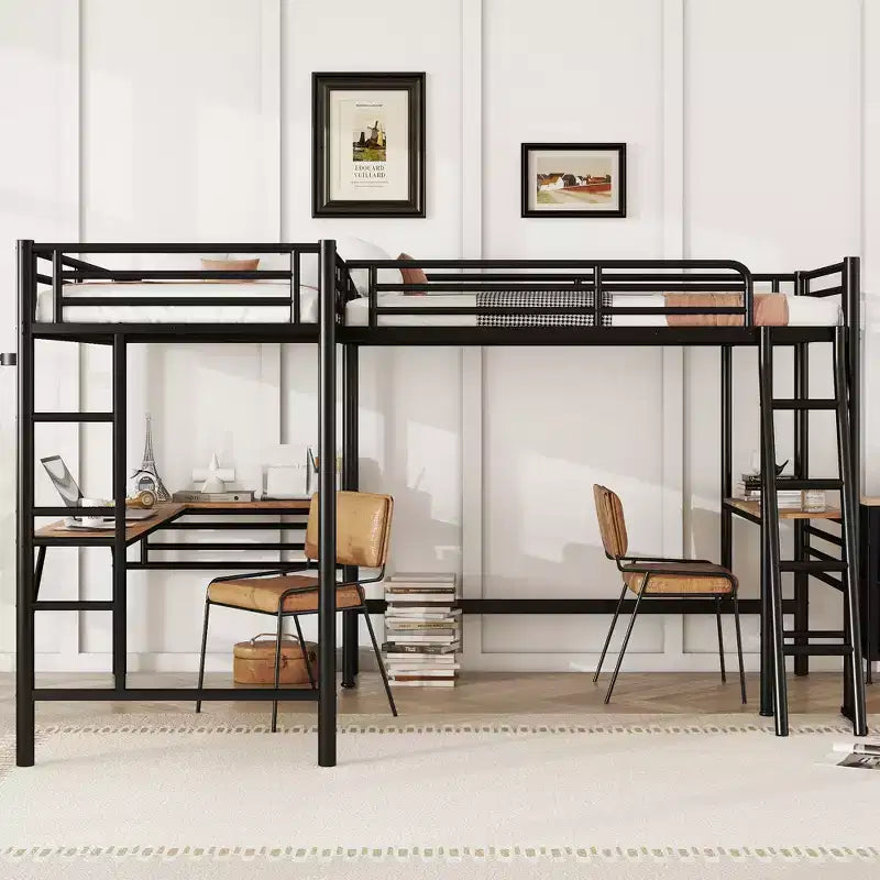Whisen 117.9''L x 77.9''W x 68.1''H Twin Size Metal Loft Bed with 2 Built-in Desks and 2 Ladders - Black