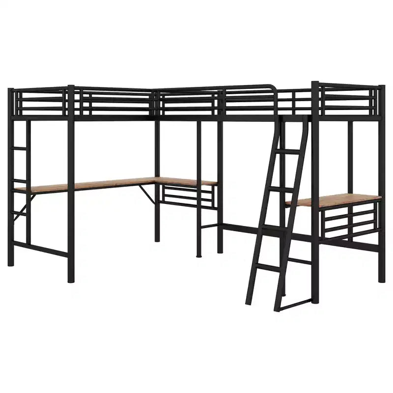 Whisen 117.9''L x 77.9''W x 68.1''H Twin Size Metal Loft Bed with 2 Built-in Desks and 2 Ladders - Black