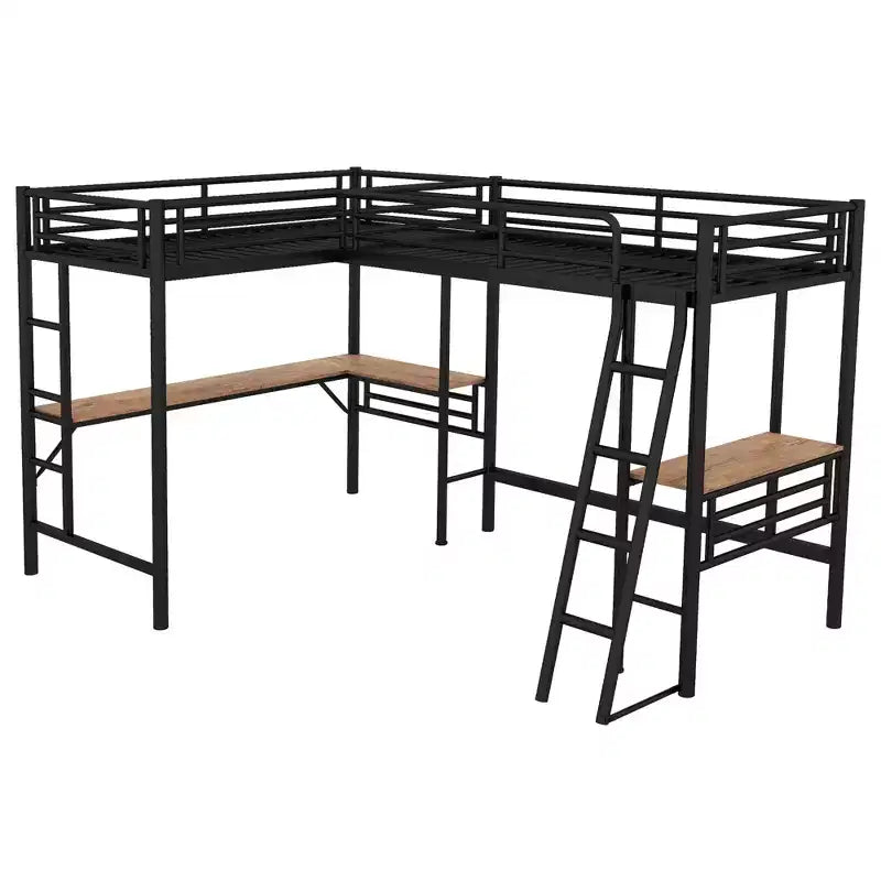 Whisen 117.9''L x 77.9''W x 68.1''H Twin Size Metal Loft Bed with 2 Built-in Desks and 2 Ladders - Black