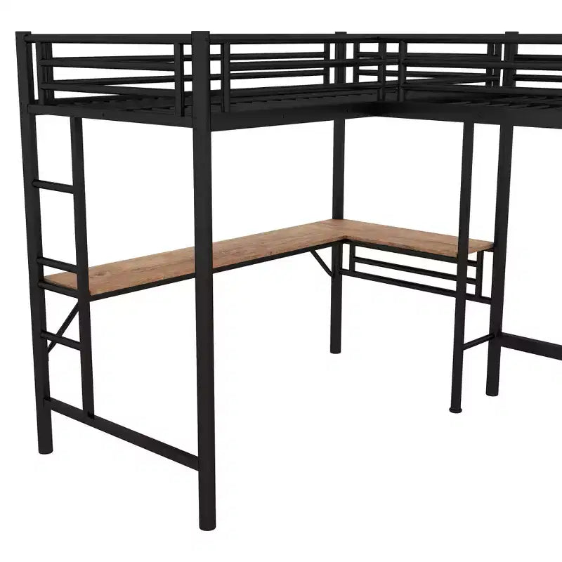 Whisen 117.9''L x 77.9''W x 68.1''H Twin Size Metal Loft Bed with 2 Built-in Desks and 2 Ladders - Black