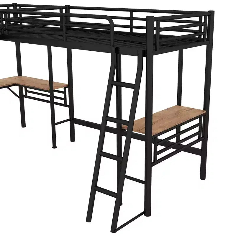 Whisen 117.9''L x 77.9''W x 68.1''H Twin Size Metal Loft Bed with 2 Built-in Desks and 2 Ladders - Black