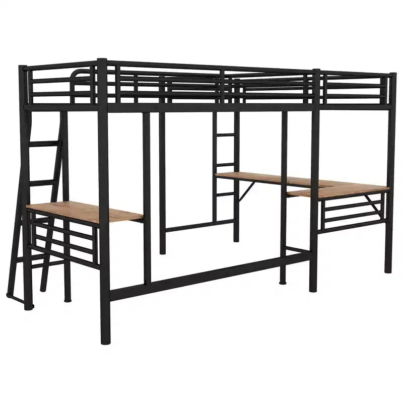 Whisen 117.9''L x 77.9''W x 68.1''H Twin Size Metal Loft Bed with 2 Built-in Desks and 2 Ladders - Black