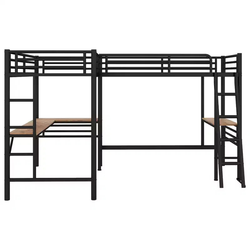 Whisen 117.9''L x 77.9''W x 68.1''H Twin Size Metal Loft Bed with 2 Built-in Desks and 2 Ladders - Black