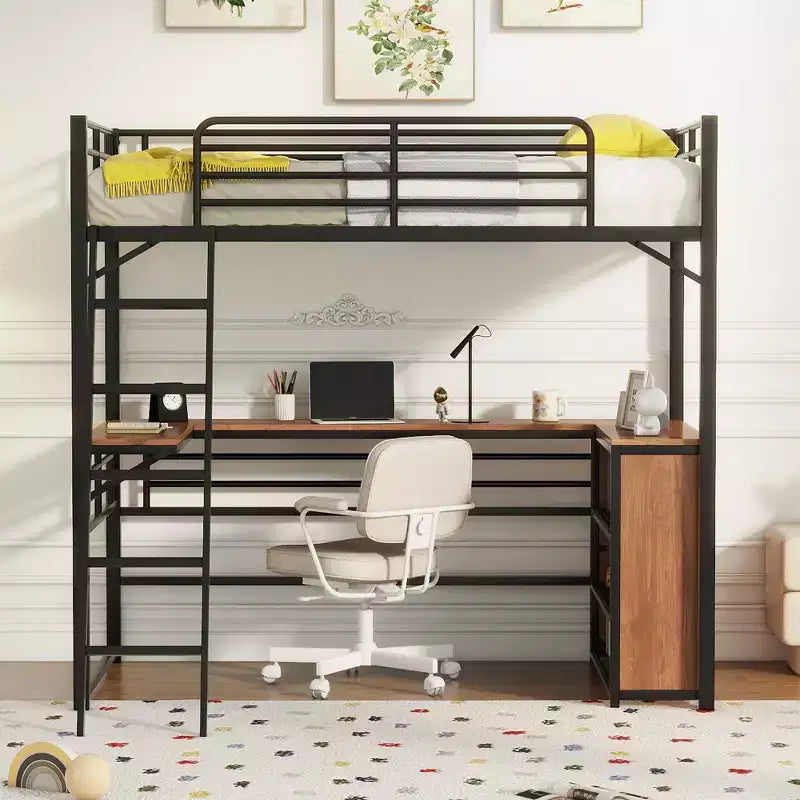 Twin/Full Size Metal Loft Bed with 3 Layers of Shelves and L-Shaped Desk - ModernLuxe
