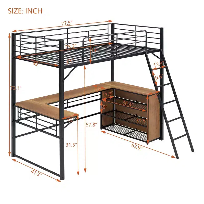 Twin/Full Size Metal Loft Bed with 3 Layers of Shelves and L-Shaped Desk - ModernLuxe