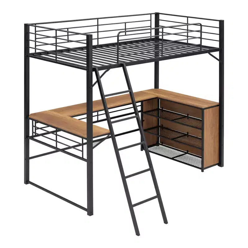Twin/Full Size Metal Loft Bed with 3 Layers of Shelves and L-Shaped Desk - ModernLuxe