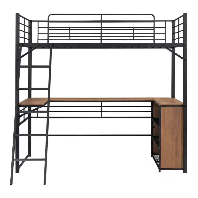 Twin/Full Size Metal Loft Bed with 3 Layers of Shelves and L-Shaped Desk - ModernLuxe