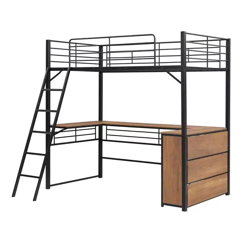 Twin/Full Size Metal Loft Bed with 3 Layers of Shelves and L-Shaped Desk - ModernLuxe