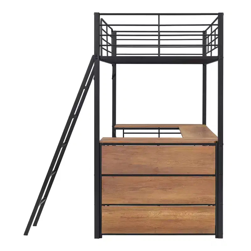Twin/Full Size Metal Loft Bed with 3 Layers of Shelves and L-Shaped Desk - ModernLuxe