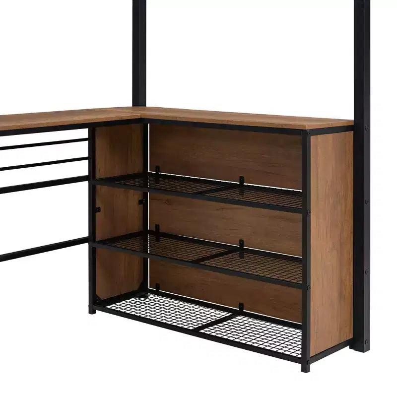Twin/Full Size Metal Loft Bed with 3 Layers of Shelves and L-Shaped Desk - ModernLuxe