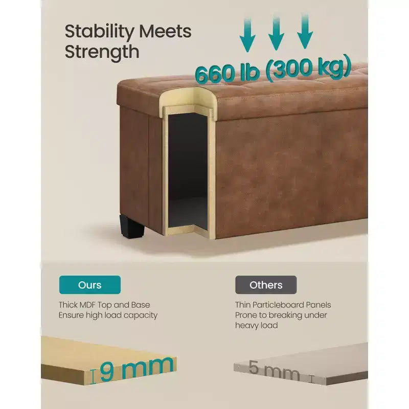 Storage Ottoman Bench with Legs, 15 x 43 x 15.7 Inches, 30 Gal. (112 L) Capacity, Synthetic Leather, Multi-Functional Footrest and Seat