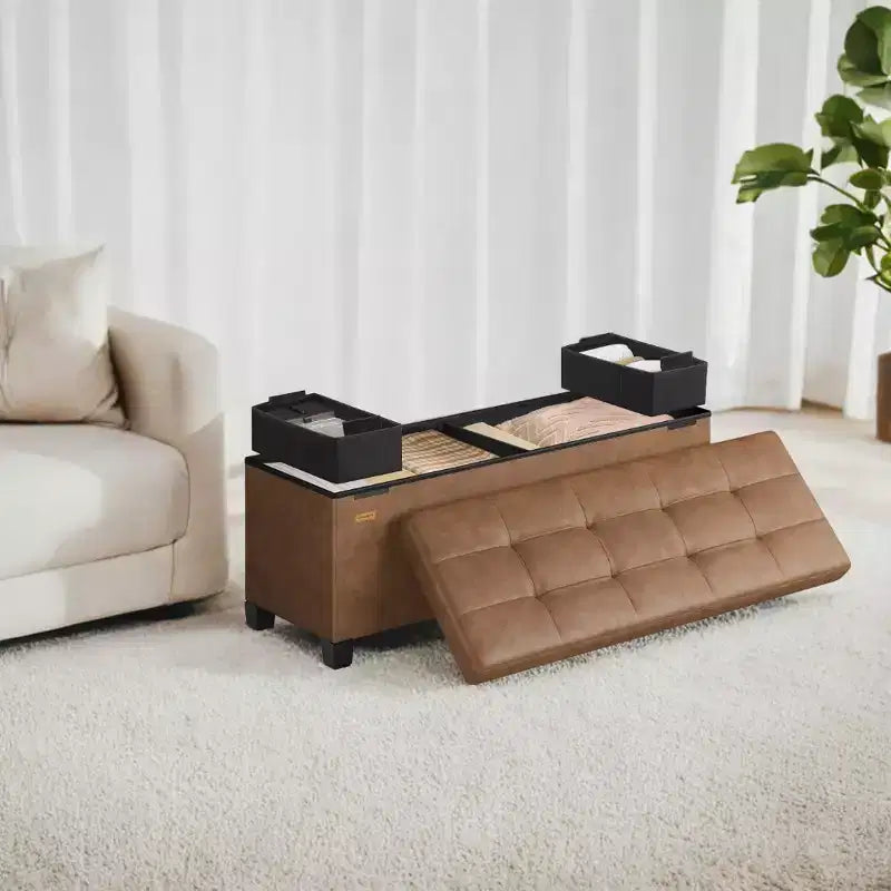 Storage Ottoman Bench with Legs, 15 x 43 x 15.7 Inches, 30 Gal. (112 L) Capacity, Synthetic Leather, Multi-Functional Footrest and Seat