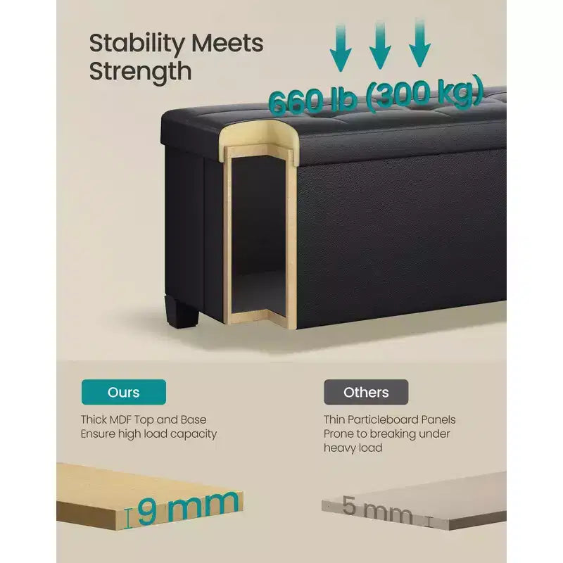 Storage Ottoman Bench with Legs, 15 x 43 x 15.7 Inches, 30 Gal. (112 L) Capacity, Synthetic Leather, Multi-Functional Footrest and Seat