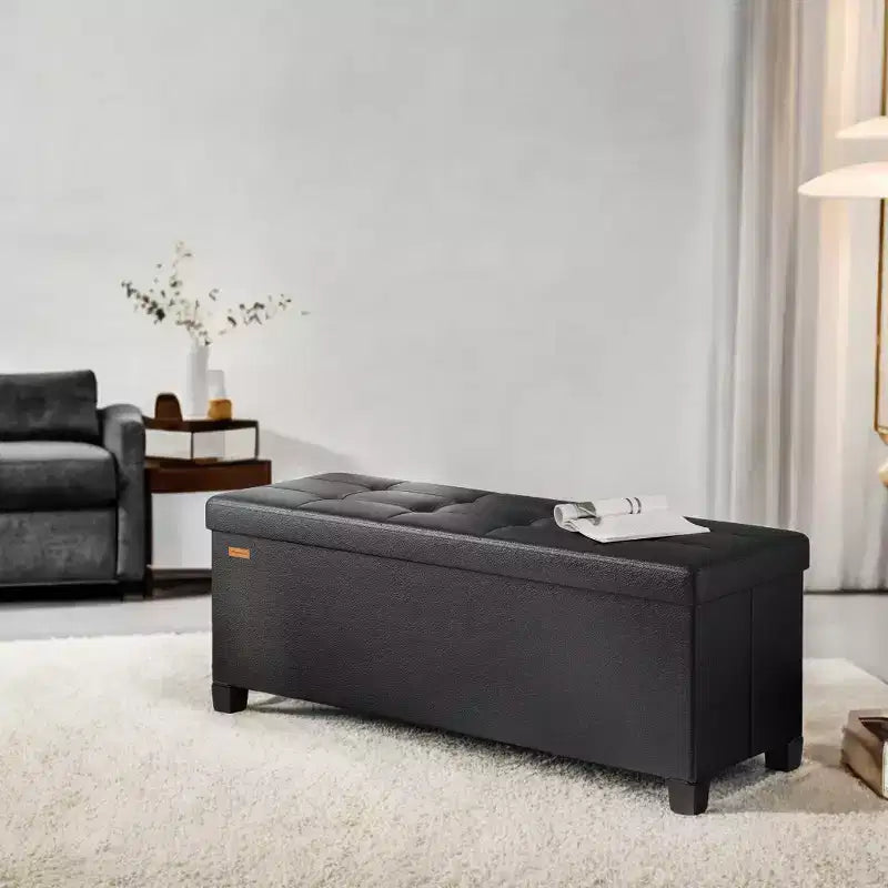 Storage Ottoman Bench with Legs, 15 x 43 x 15.7 Inches, 30 Gal. (112 L) Capacity, Synthetic Leather, Multi-Functional Footrest and Seat