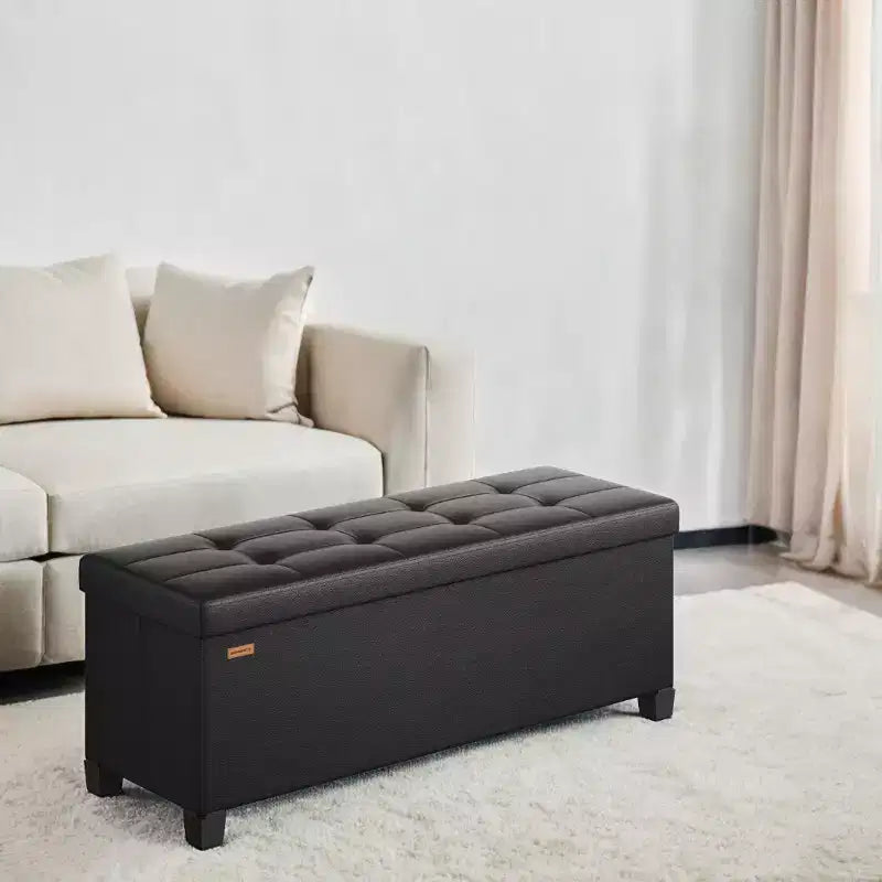 Storage Ottoman Bench with Legs, 15 x 43 x 15.7 Inches, 30 Gal. (112 L) Capacity, Synthetic Leather, Multi-Functional Footrest and Seat