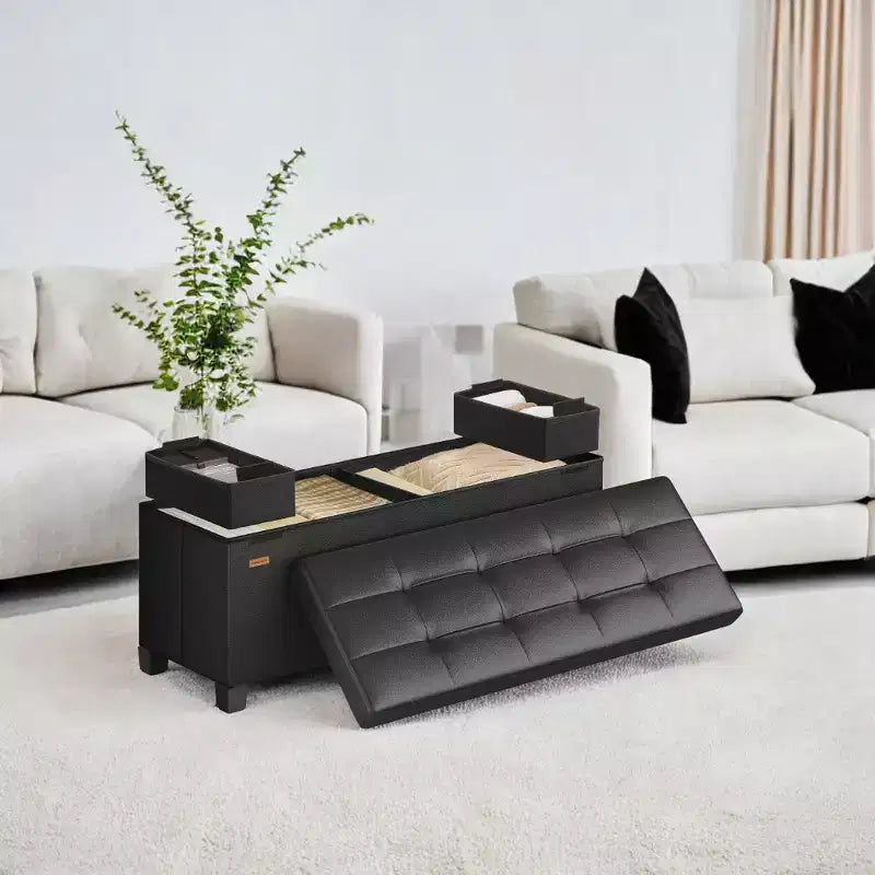 Storage Ottoman Bench with Legs, 15 x 43 x 15.7 Inches, 30 Gal. (112 L) Capacity, Synthetic Leather, Multi-Functional Footrest and Seat