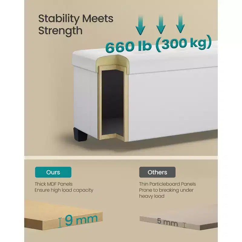 Storage Ottoman Bench with Legs, 15 x 43 x 15.7 Inches, 30 Gal. (112 L) Capacity, Synthetic Leather, Multi-Functional Footrest and Seat