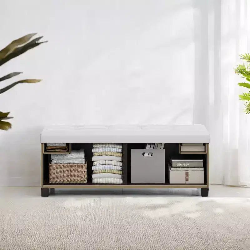 Storage Ottoman Bench with Legs, 15 x 43 x 15.7 Inches, 30 Gal. (112 L) Capacity, Synthetic Leather, Multi-Functional Footrest and Seat