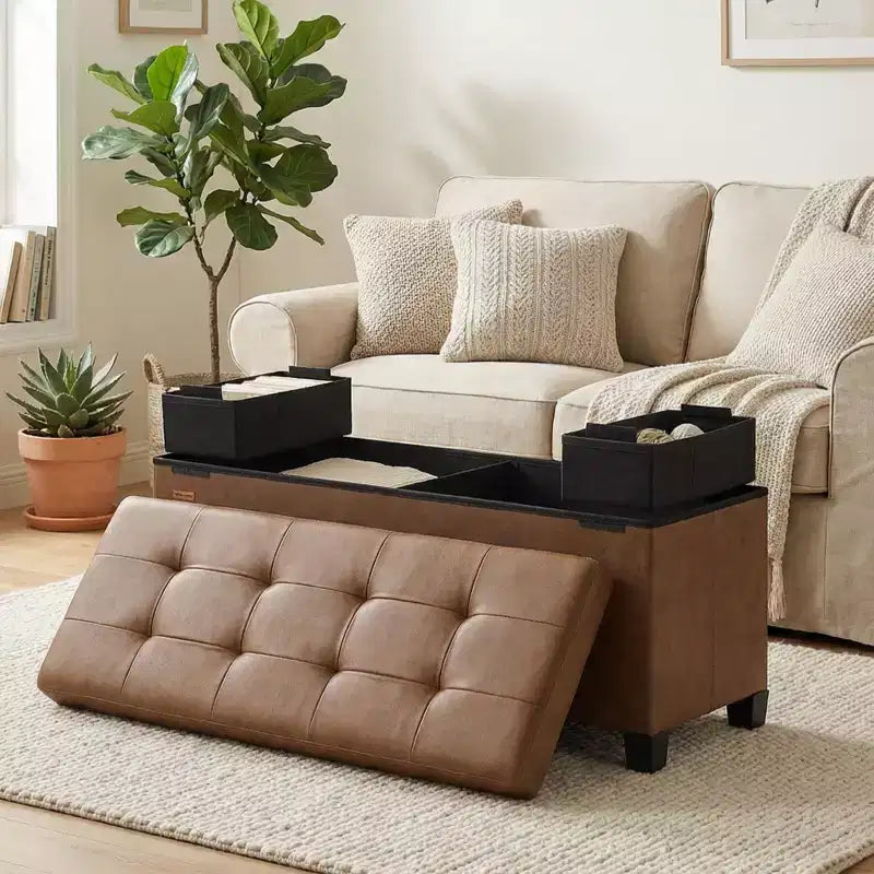 Storage Ottoman Bench with Legs, 15 x 43 x 15.7 Inches, 30 Gal. (112 L) Capacity, Synthetic Leather, Multi-Functional Footrest and Seat