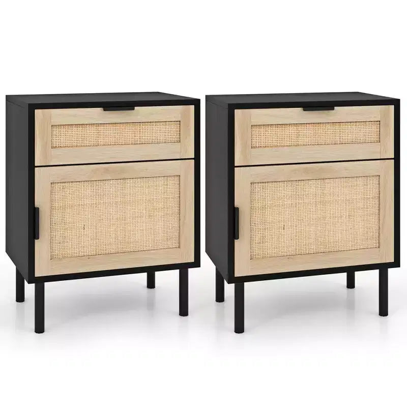 Costway Rattan Nightstand Set of 2 Mid Century Modern End Table with Drawer & Cabinet