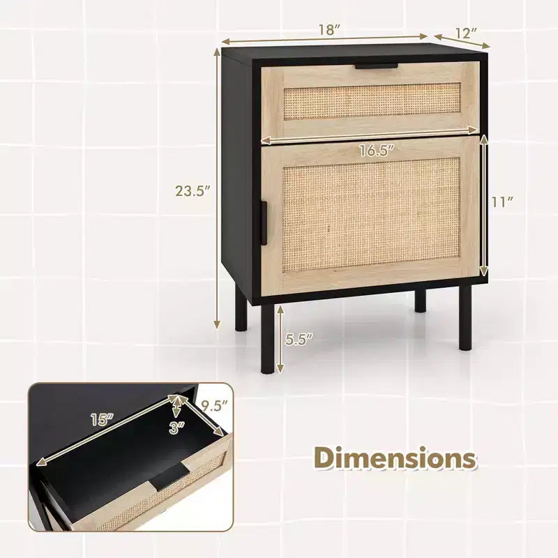 Costway Rattan Nightstand Set of 2 Mid Century Modern End Table with Drawer & Cabinet
