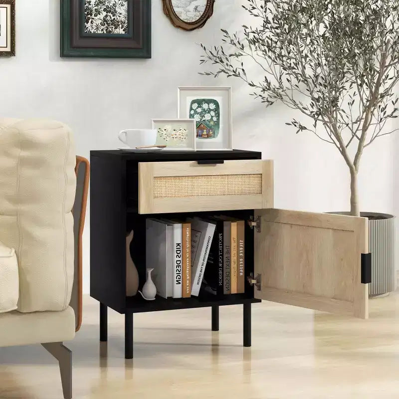 Costway Rattan Nightstand Set of 2 Mid Century Modern End Table with Drawer & Cabinet