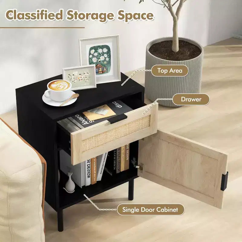 Costway Rattan Nightstand Set of 2 Mid Century Modern End Table with Drawer & Cabinet